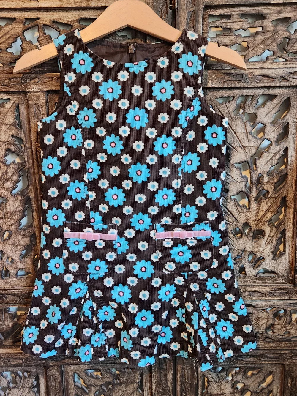 Boden Brown Corduroy Dress with Turquoise and White Floral Print. 2-3T Girls